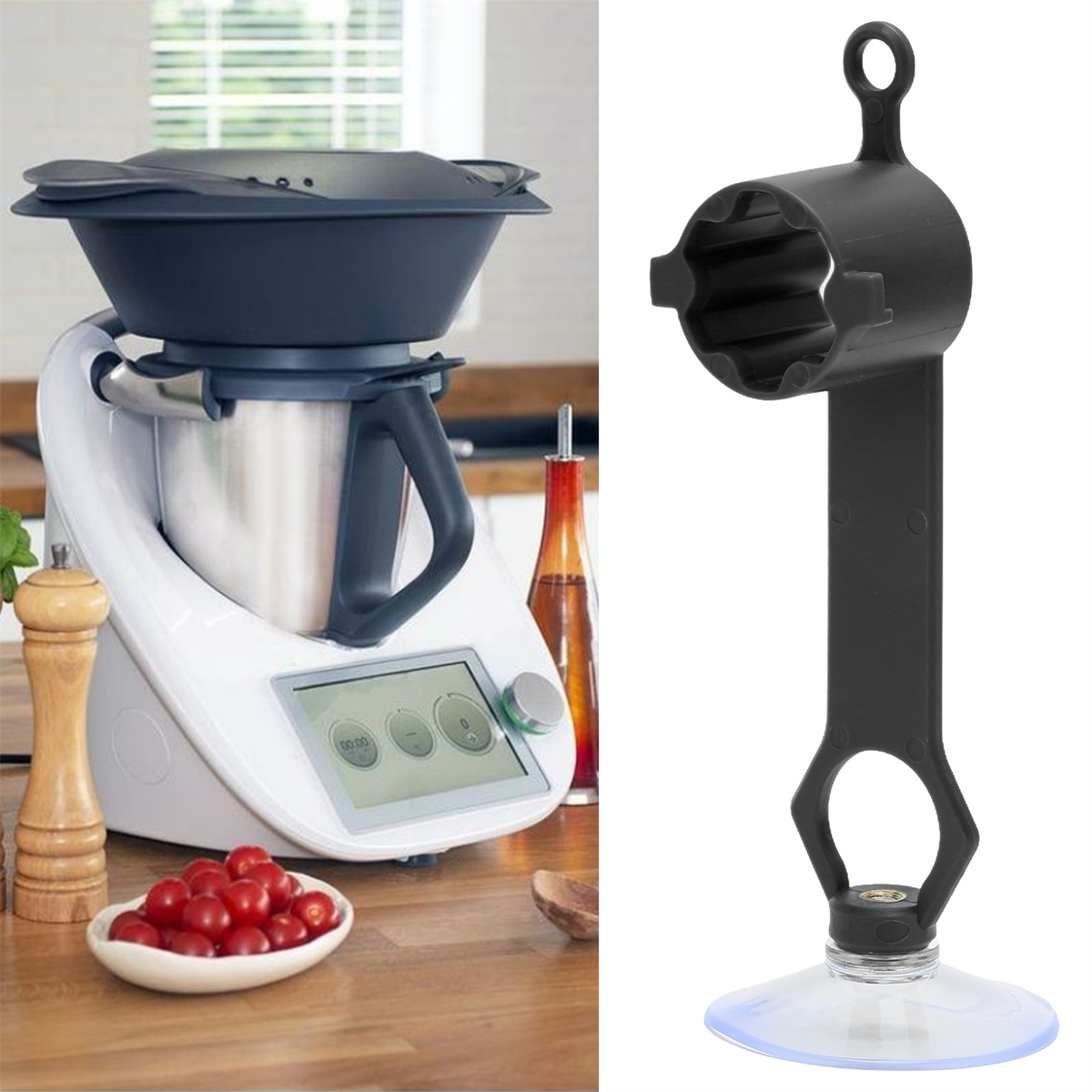 Ein weißer und silberner Foodprocessor mit schwarzem Halter sowie eine Schale mit Tomaten.