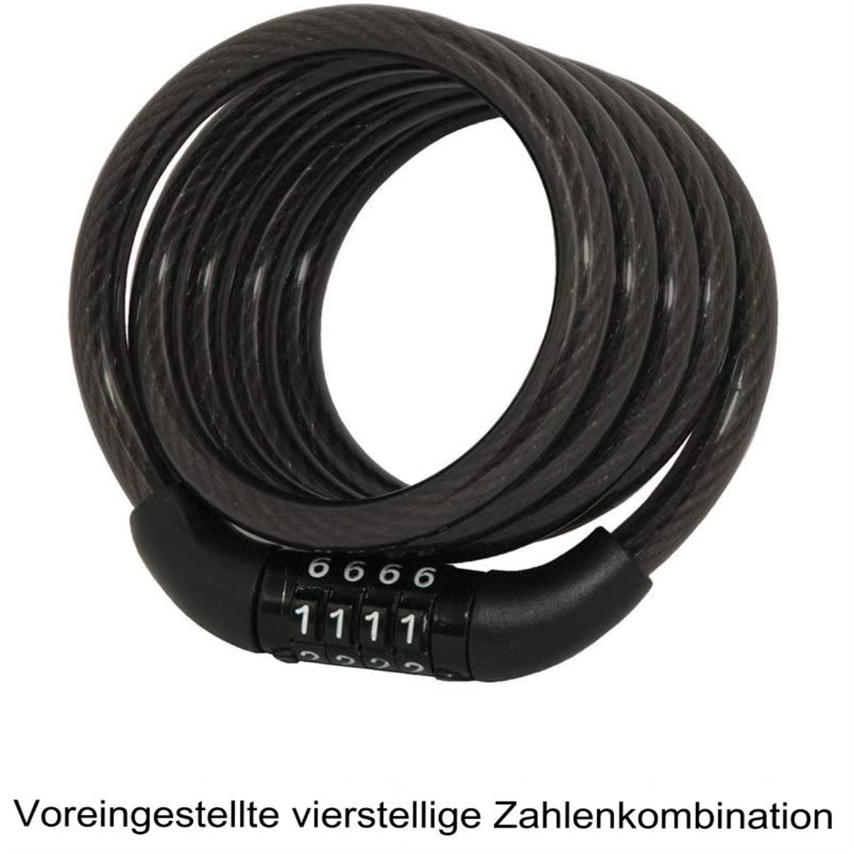Ein schwarzes Spiralkabelschloss mit einem Kombinationsrad, das auf 6666 und 1111 eingestellt ist.