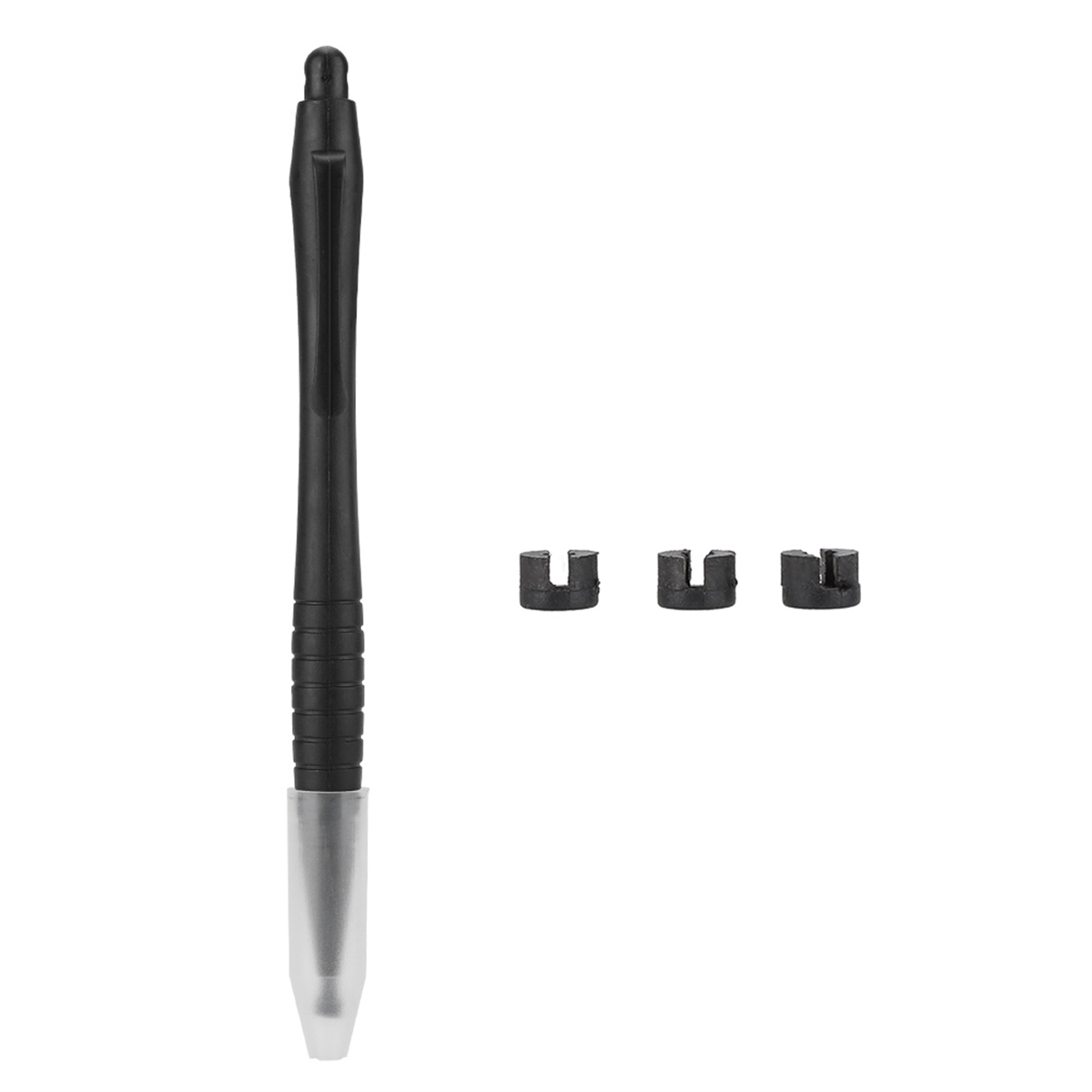Schwarzer Stift mit silberner Spitze und drei kleinen schwarzen U-förmigen Teilen daneben.