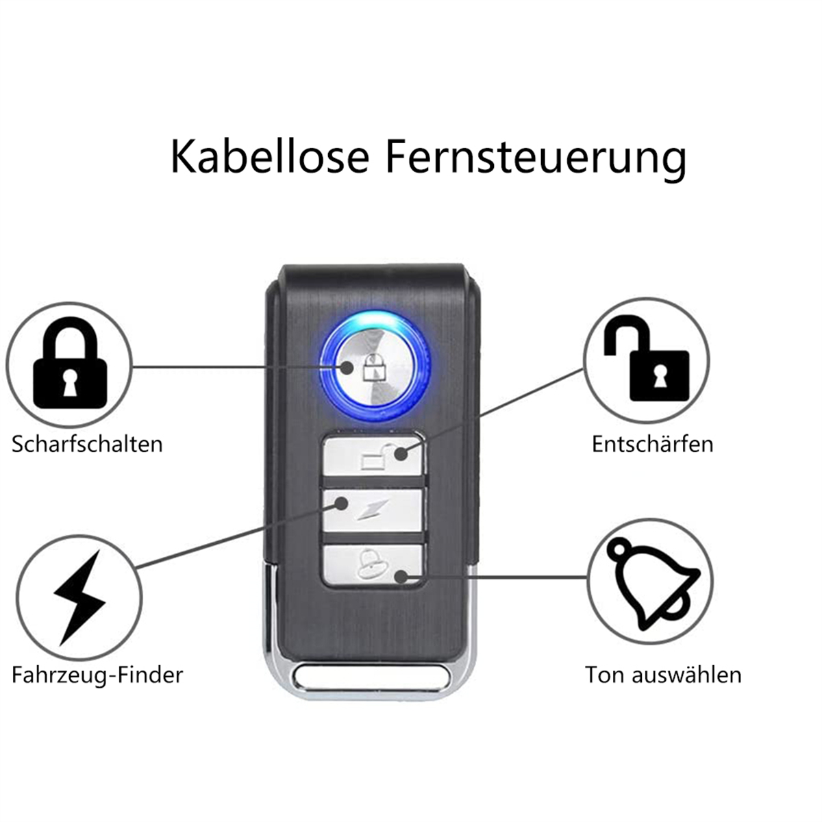 Schwarze Fernbedienung mit beschrifteten Tasten zum Verriegeln, Entriegeln und für die Fahrzeugsuche.