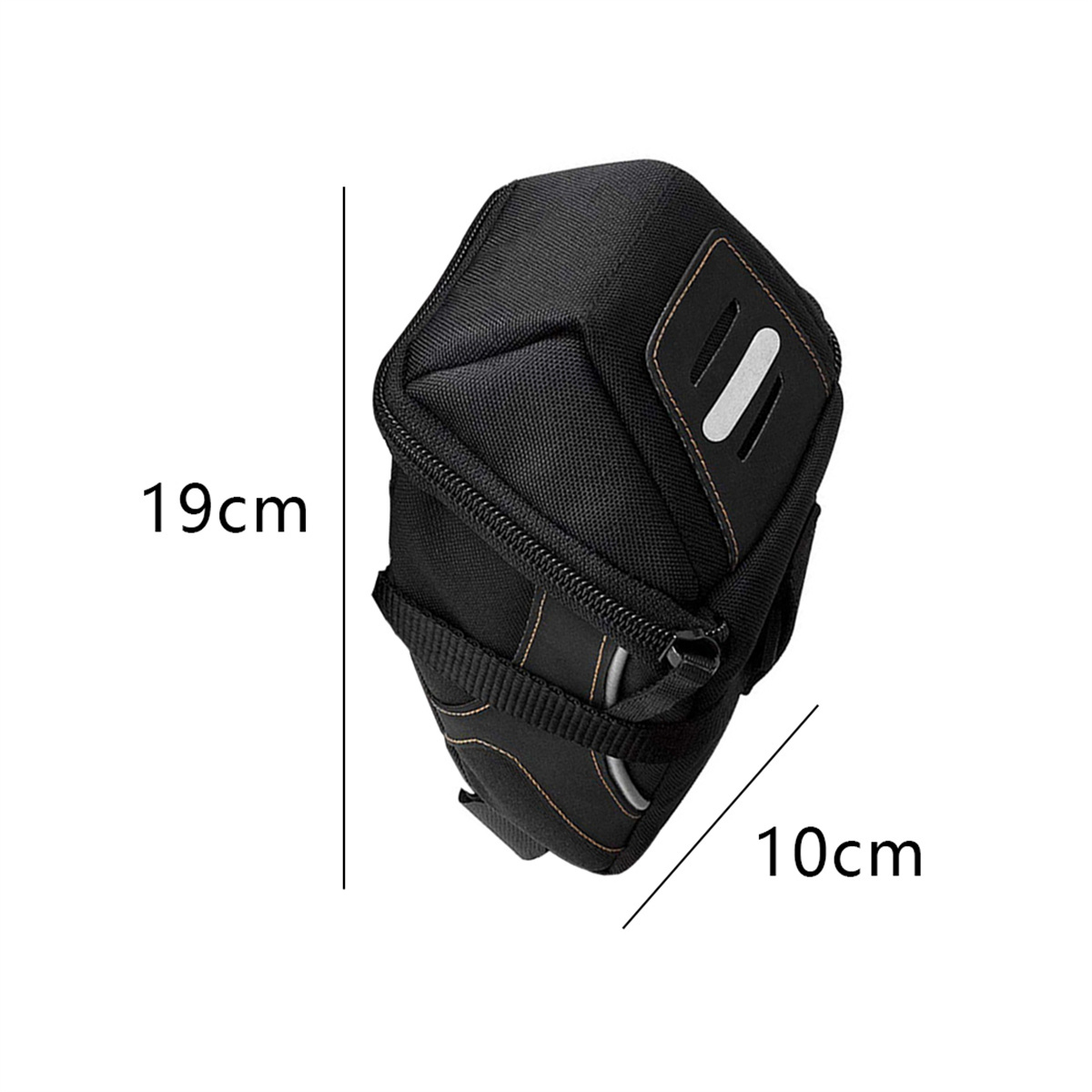 Eine schwarze Tasche mit orangefarbenen Akzenten, Maße 19 cm x 10 cm, für den Fahrradsattel.