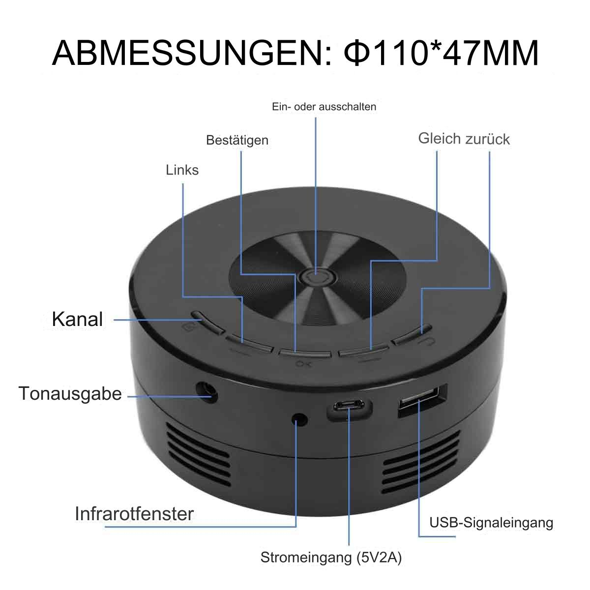 Ein kleiner, schwarzer, runder Lautsprecher mit Knöpfen und einem USB-Anschluss. Er hat ein digitales Display.