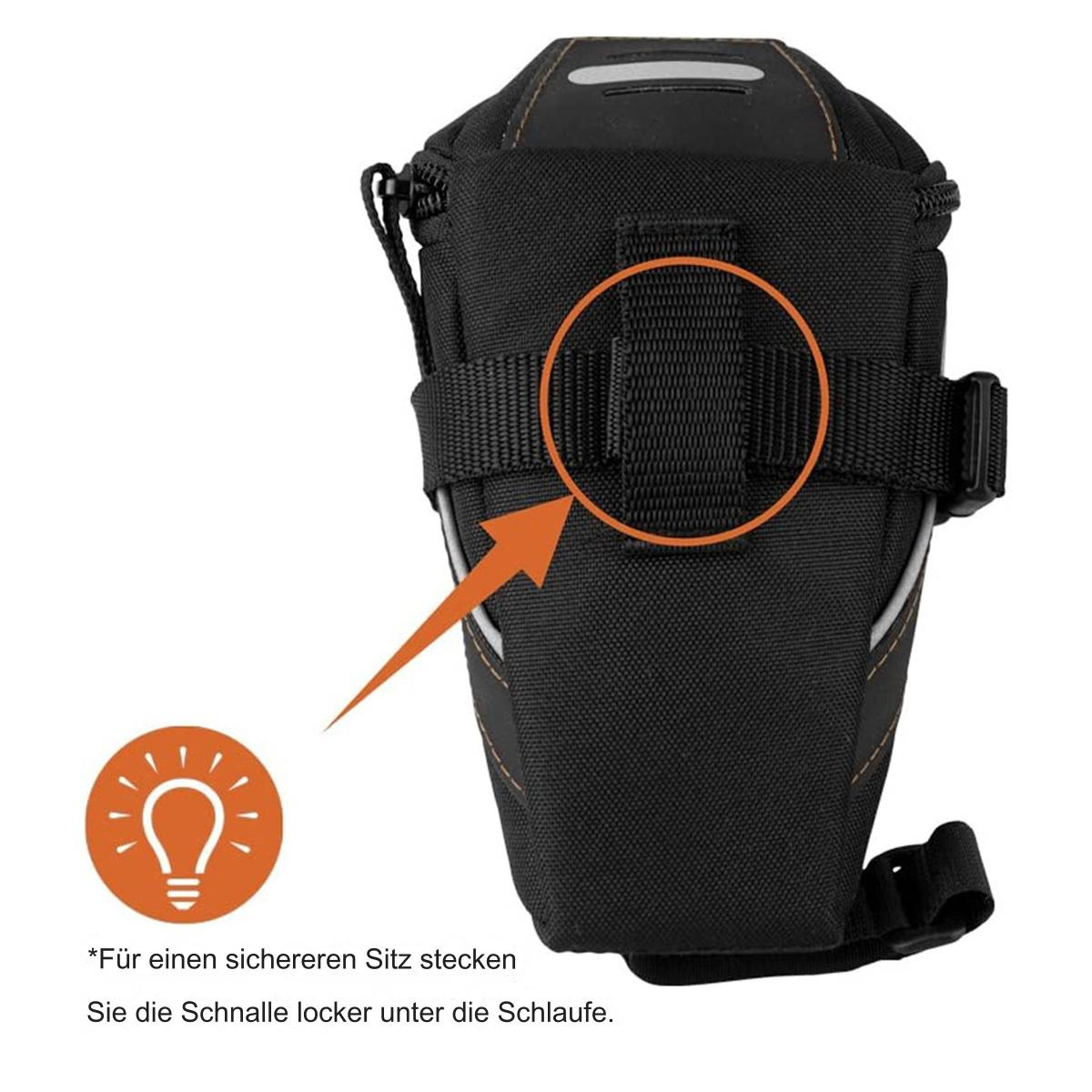 Schwarze Fahrrad-Satteltasche mit orangen Akzenten und einem Riemen, mit einem Glühbirnen-Symbol.