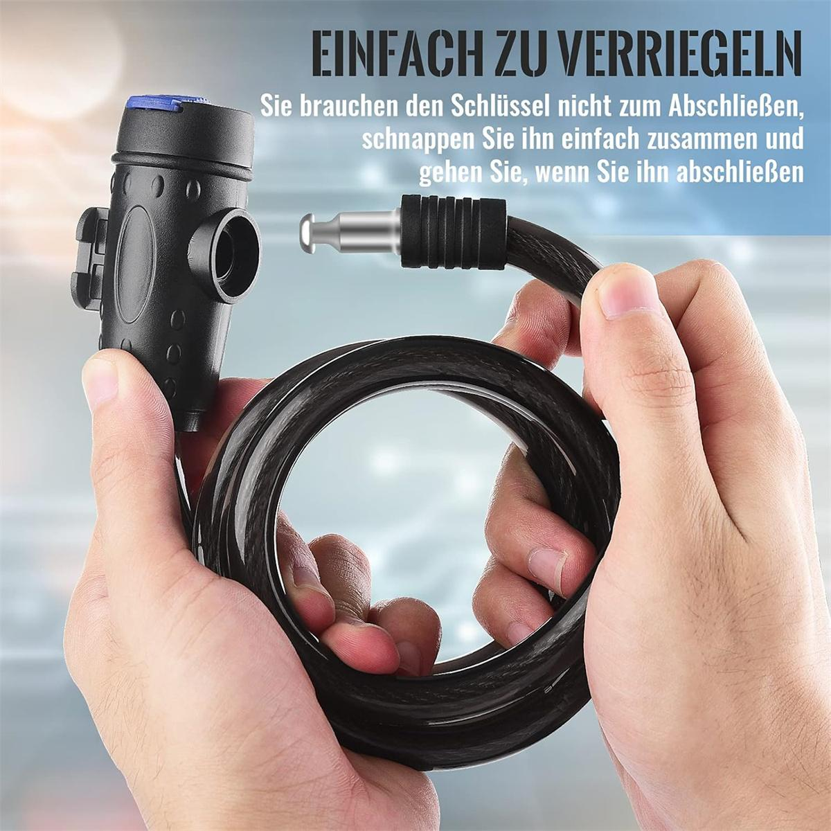 Hände halten ein aufgerolltes schwarzes Fahrradschloss mit einem silberfarbenen Schließmechanismus. Text auf Deutsch darüber.