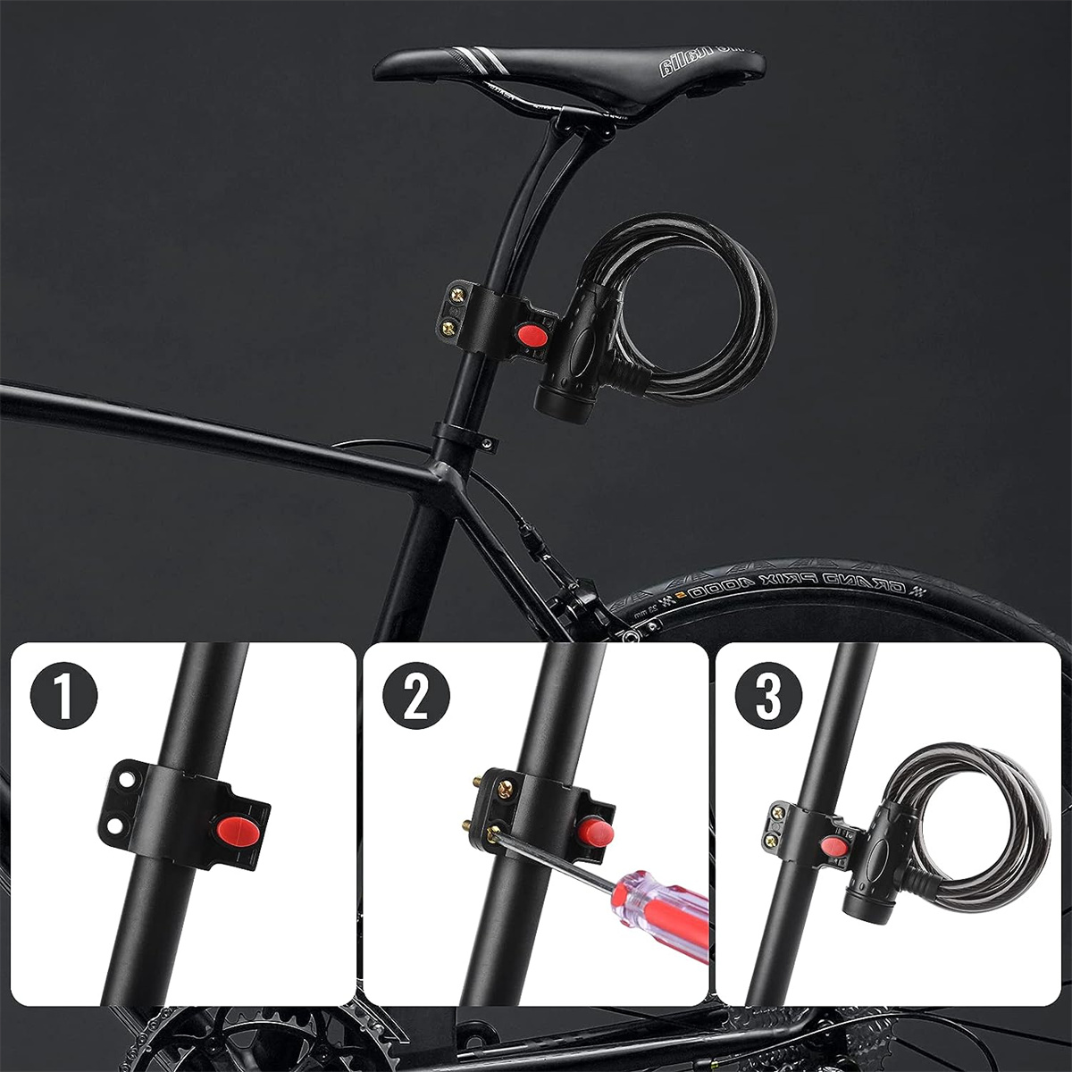 Fahrradschloss an einem Fahrrad montiert. Zeigt den Installationsprozess in drei Schritten. Schwarzes Fahrrad.