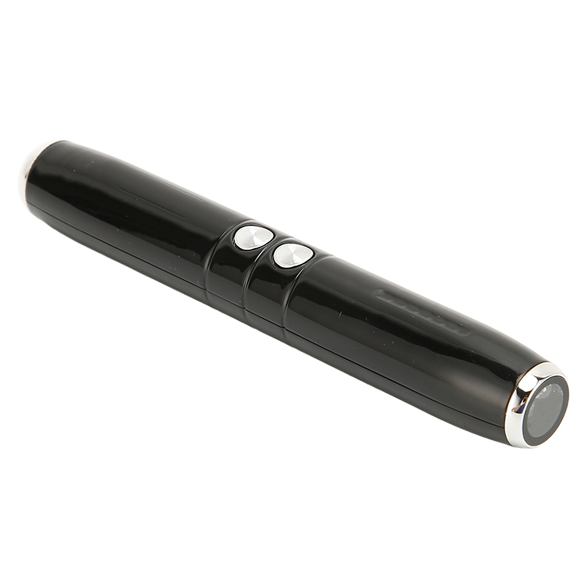 Schwarzer Laserpointer mit zwei Knöpfen und einer silbernen Spitze. Es ist ein längliches, zylindrisches Gerät.