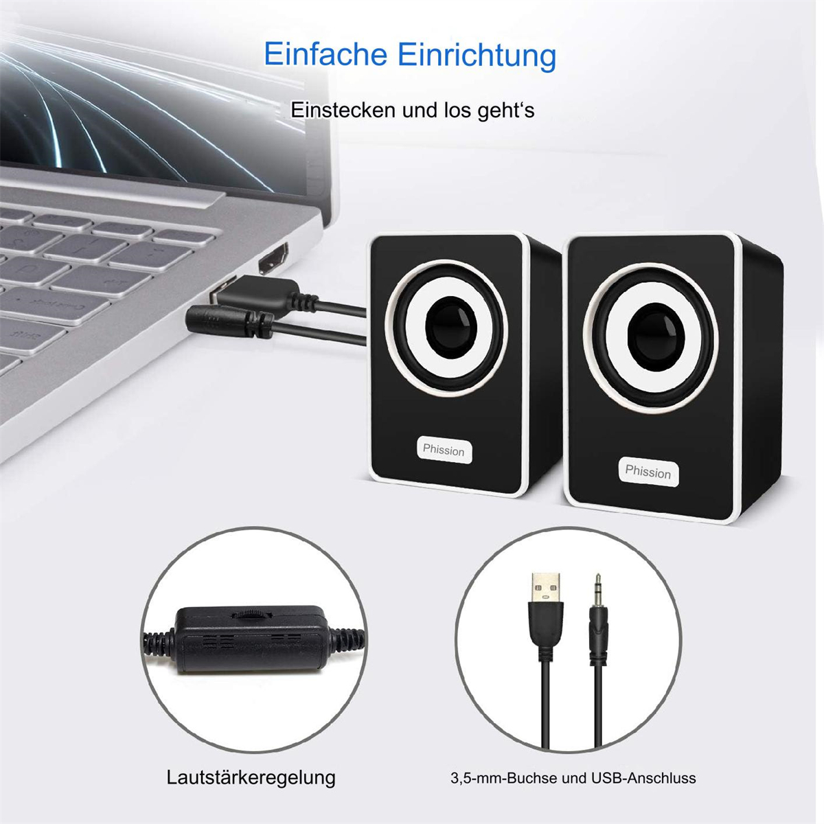 Zwei schwarze Lautsprecher, die mit einem Laptop verbunden sind, mit Kabeln und Lautstärkeregelung.