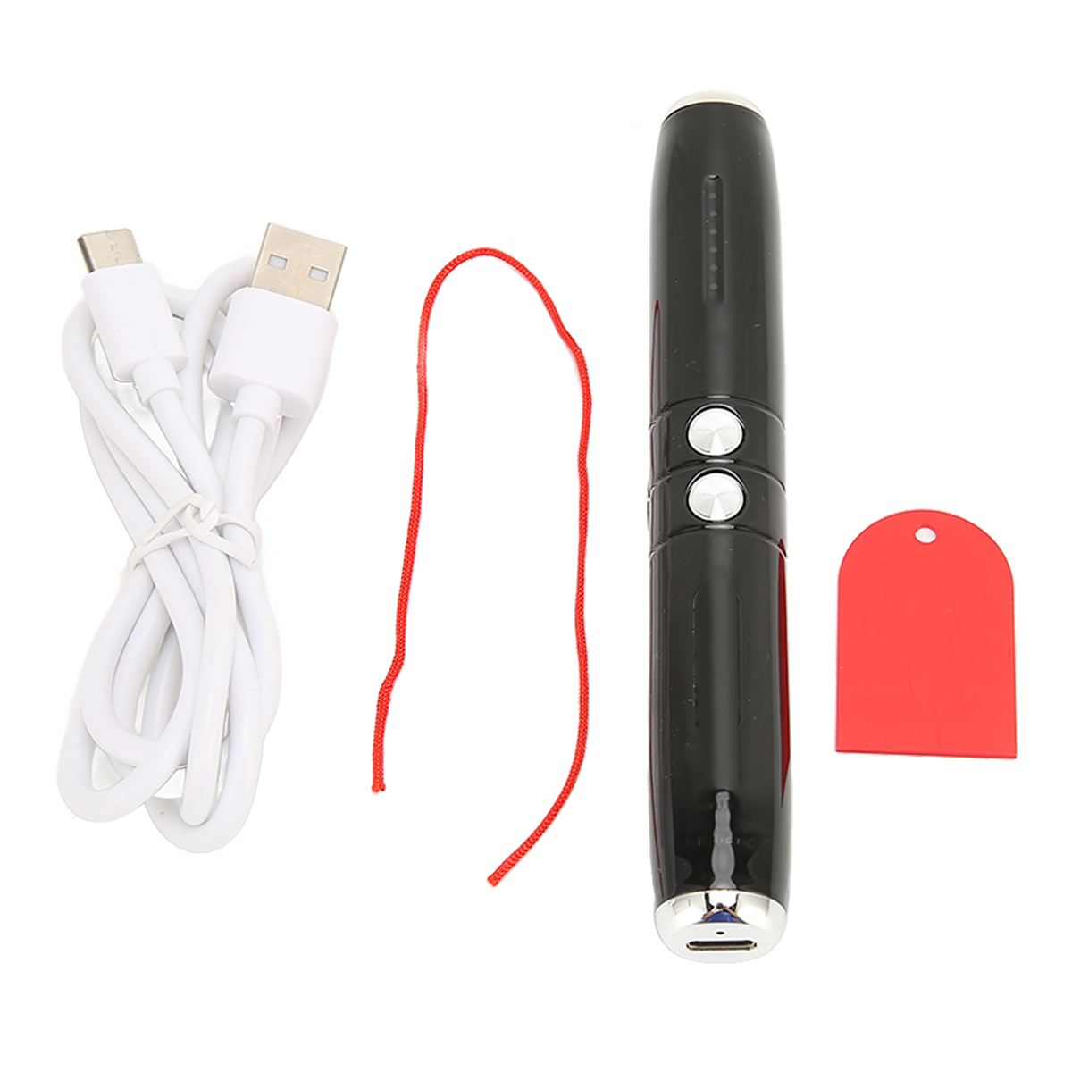 Schwarzes stiftförmiges Gerät mit Ladekabeln und rotem Anhänger. Enthält USB-C- und USB-Kabel.