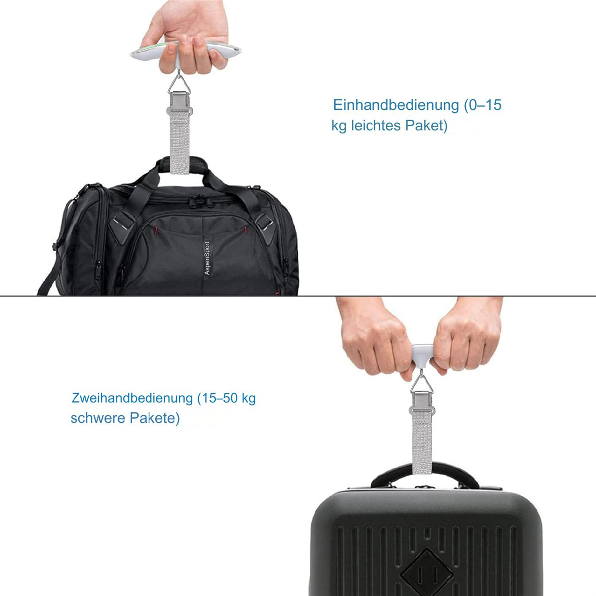 Eine Person wiegt mit einer Waage eine Tasche und einen Koffer. Der Text zeigt Ein- und Zweihandbedienung.