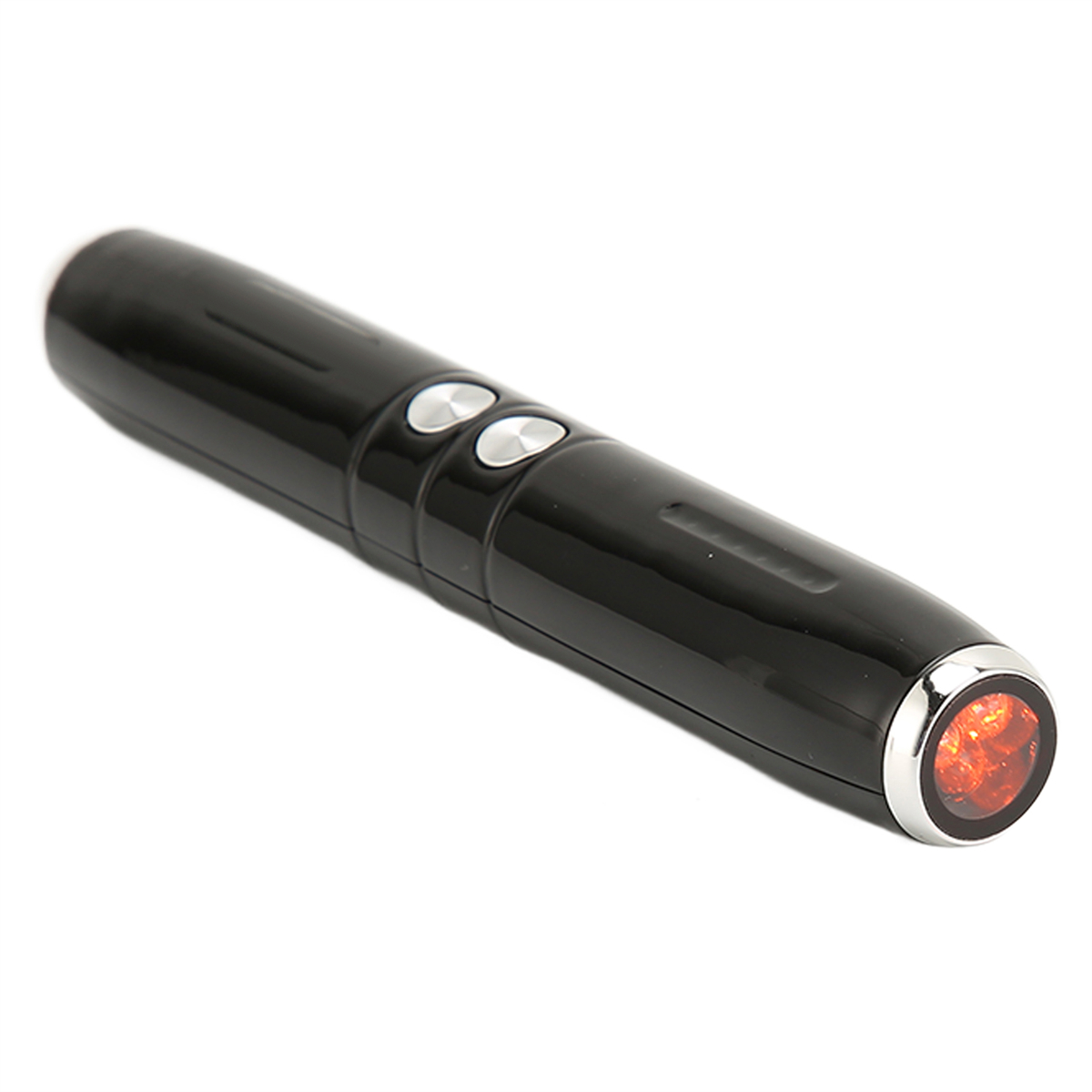 Schwarzer Laserpointer mit zwei Knöpfen. Er hat ein rotes Licht am Ende. Weißer Hintergrund.