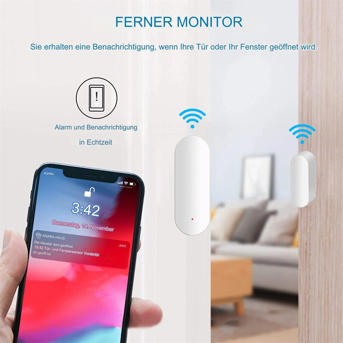 Ein Smartphone zeigt eine Benachrichtigung über einen Türsensor an. Ein Sensor ist am Türrahmen befestigt.