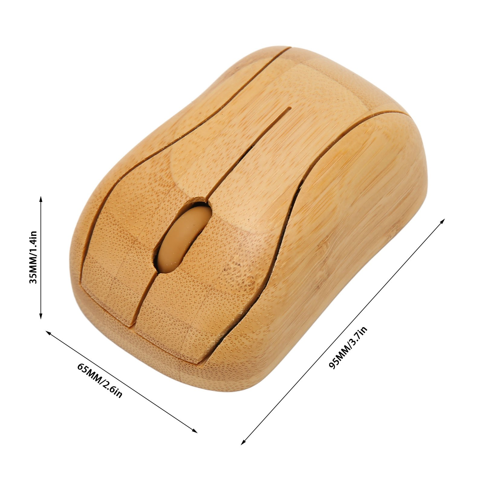 Eine Computermaus aus Holz. Sie ist braun mit einem Scrollrad und Abmessungen in Millimetern und Zoll.