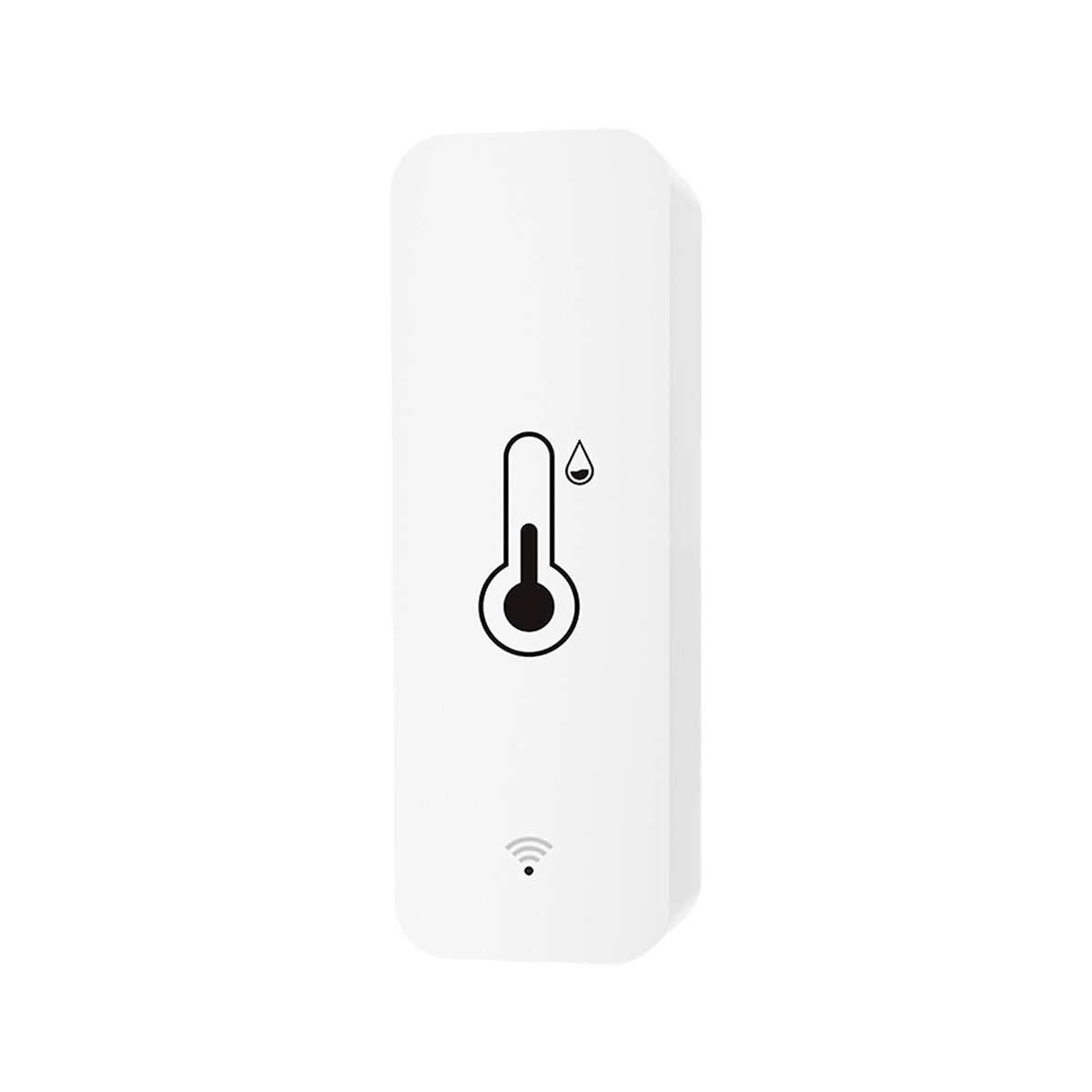 Ein weißes, rechteckiges Gerät mit Thermometer-Symbol und WLAN-Symbol.