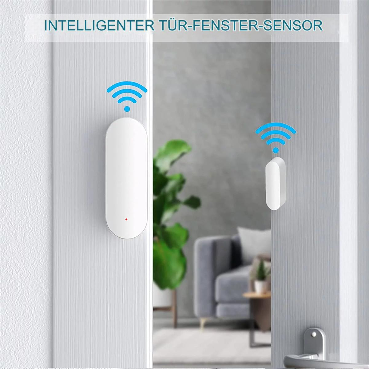 Ein weißes Türsensorgerät an einer weißen Tür. Ein zweites Gerät an einer anderen Tür mit WLAN-Symbolen.
