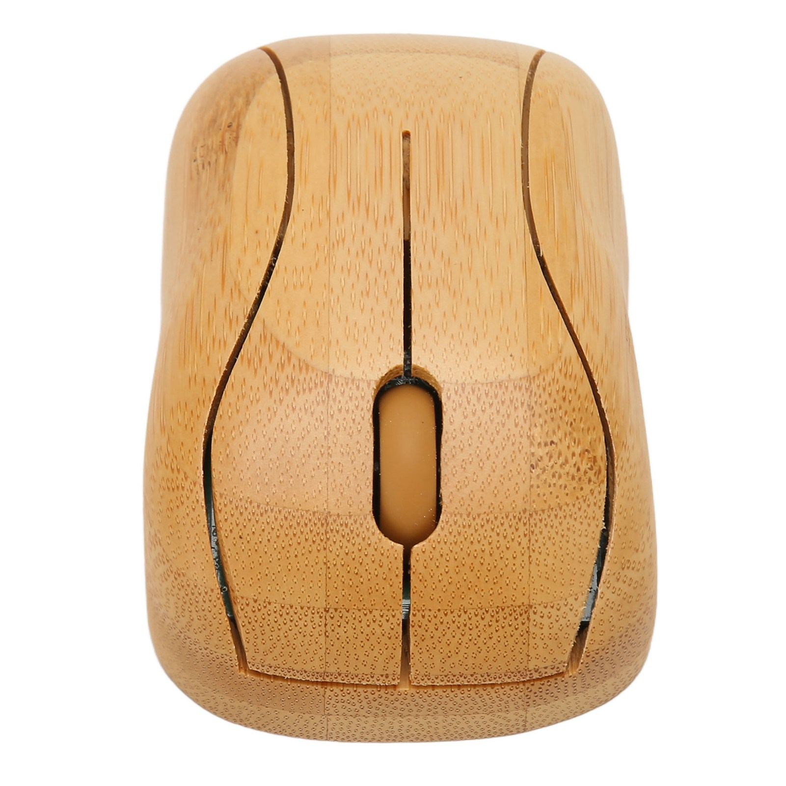 Eine Holzmaus mit einfachem Design. Sie hat eine Taste und ein Scrollrad.