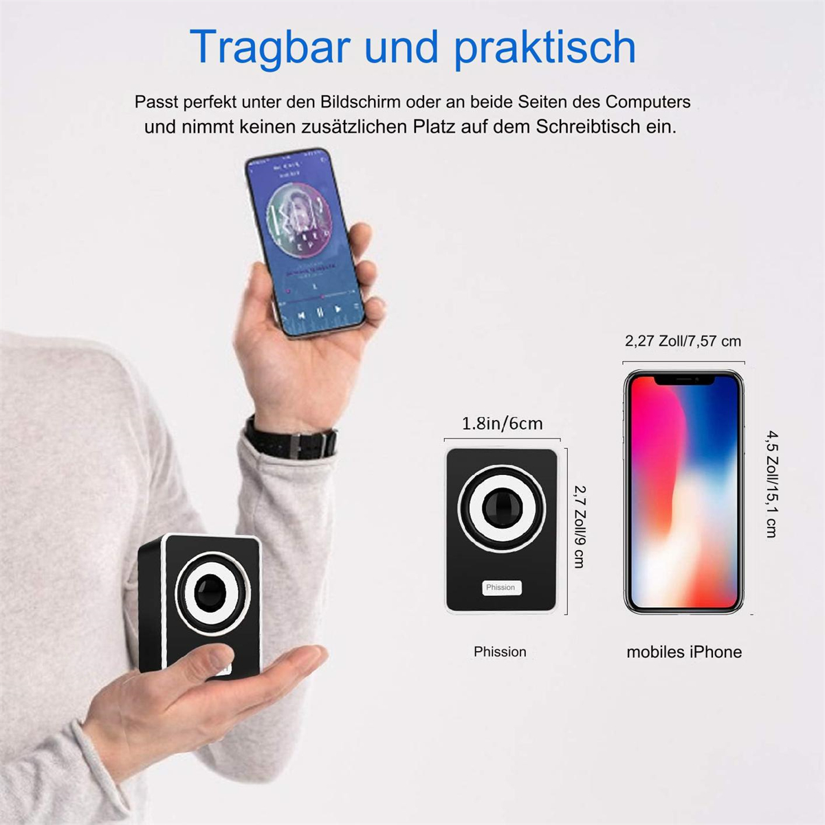 Kleiner tragbarer Lautsprecher mit einem Telefon, das eine Musik-App zeigt, und Größenvergleichen.