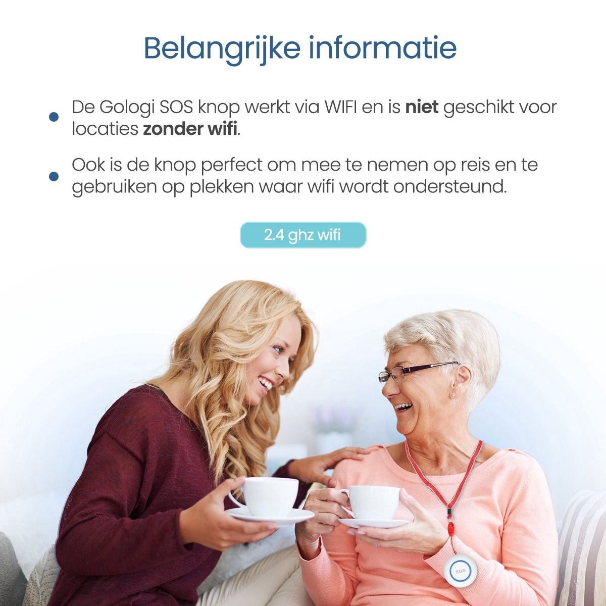Zwei Frauen lächeln, eine hält eine Tasse, mit Informationen über einen SOS-Knopf.