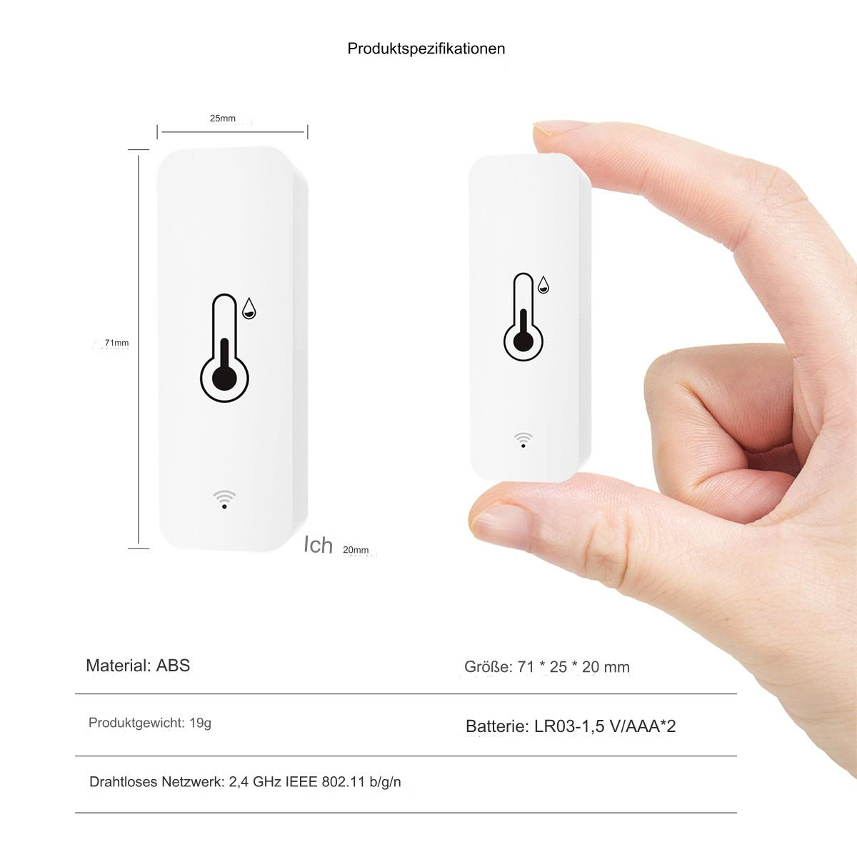Ein weißes rechteckiges Gerät mit Thermometer-Symbol, gehalten von einer Hand. Abmessungen und Details werden gezeigt.