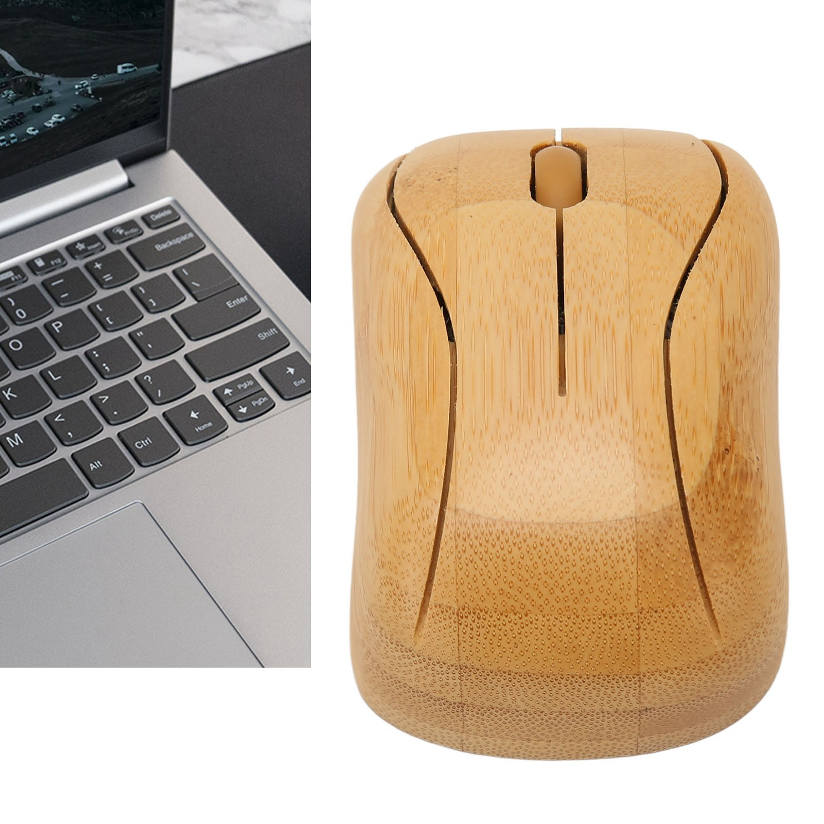 Holzmaus neben Laptop-Tastatur, zeigt Ober- und Seitenansicht der Maus.
