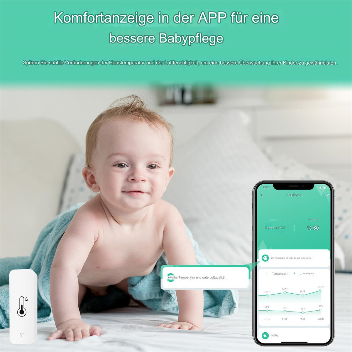 Ein Baby krabbelt auf einem Bett mit Handtuch, Thermometer und einem Telefon mit Gesundheitsdaten.