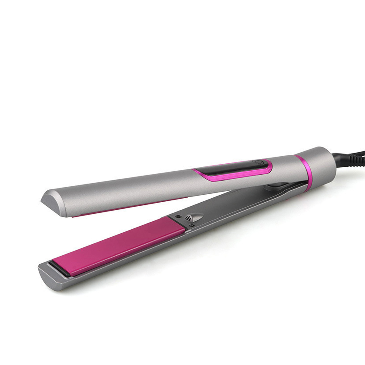 Ein grauer Haarglätter mit rosa Platten und Akzenten, offen vor weißem Hintergrund.