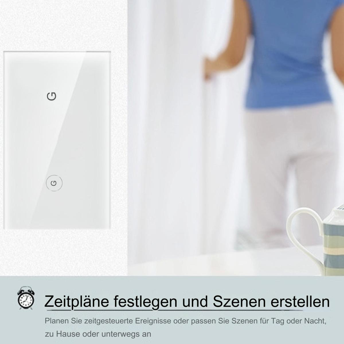 Weißer Lichtschalter an der Wand mit Stromsymbolen, in der Nähe eines Vorhangs.