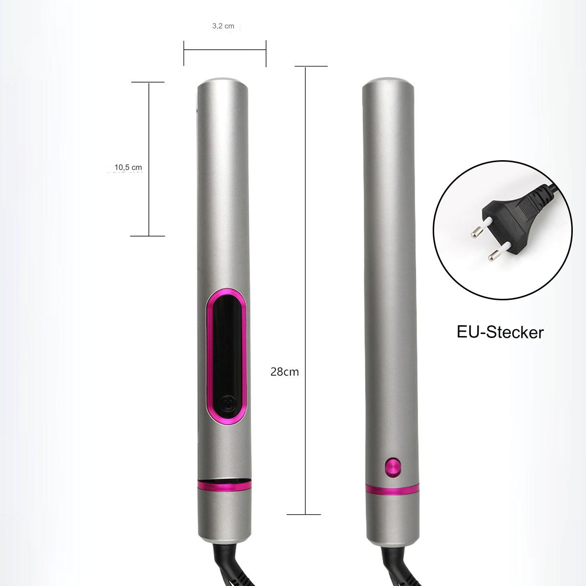 Zwei silberne Haarglätter mit Maßen und EU-Stecker. Die Glätteisen liegen nebeneinander.