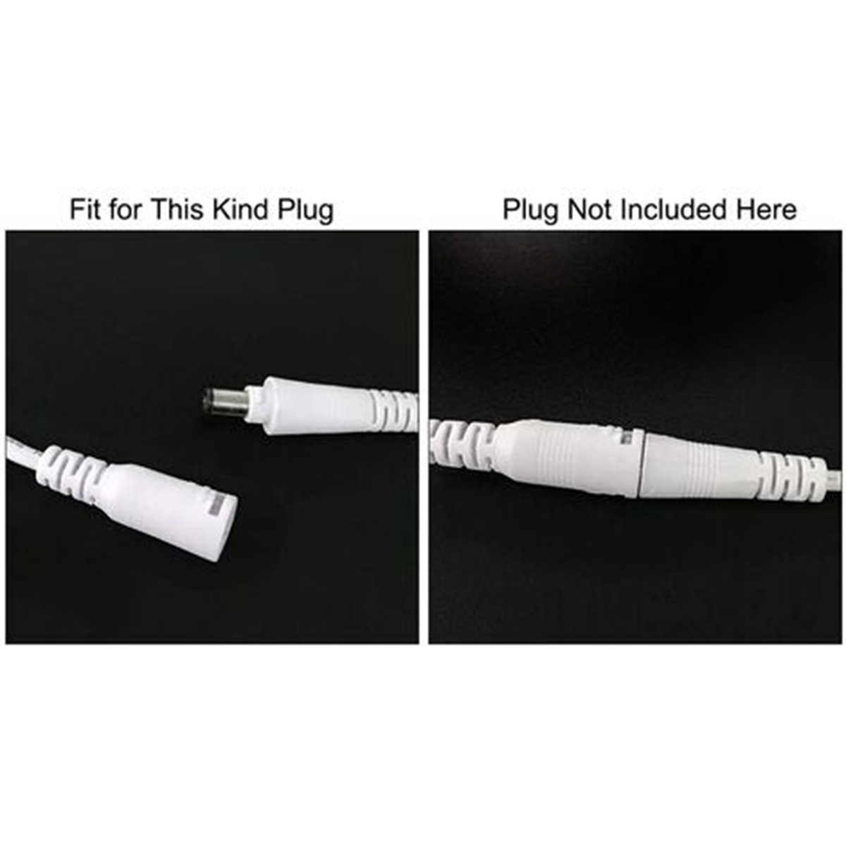 Zwei weiße DC-Stecker werden gezeigt. Einer ist eingesteckt und der andere nicht.