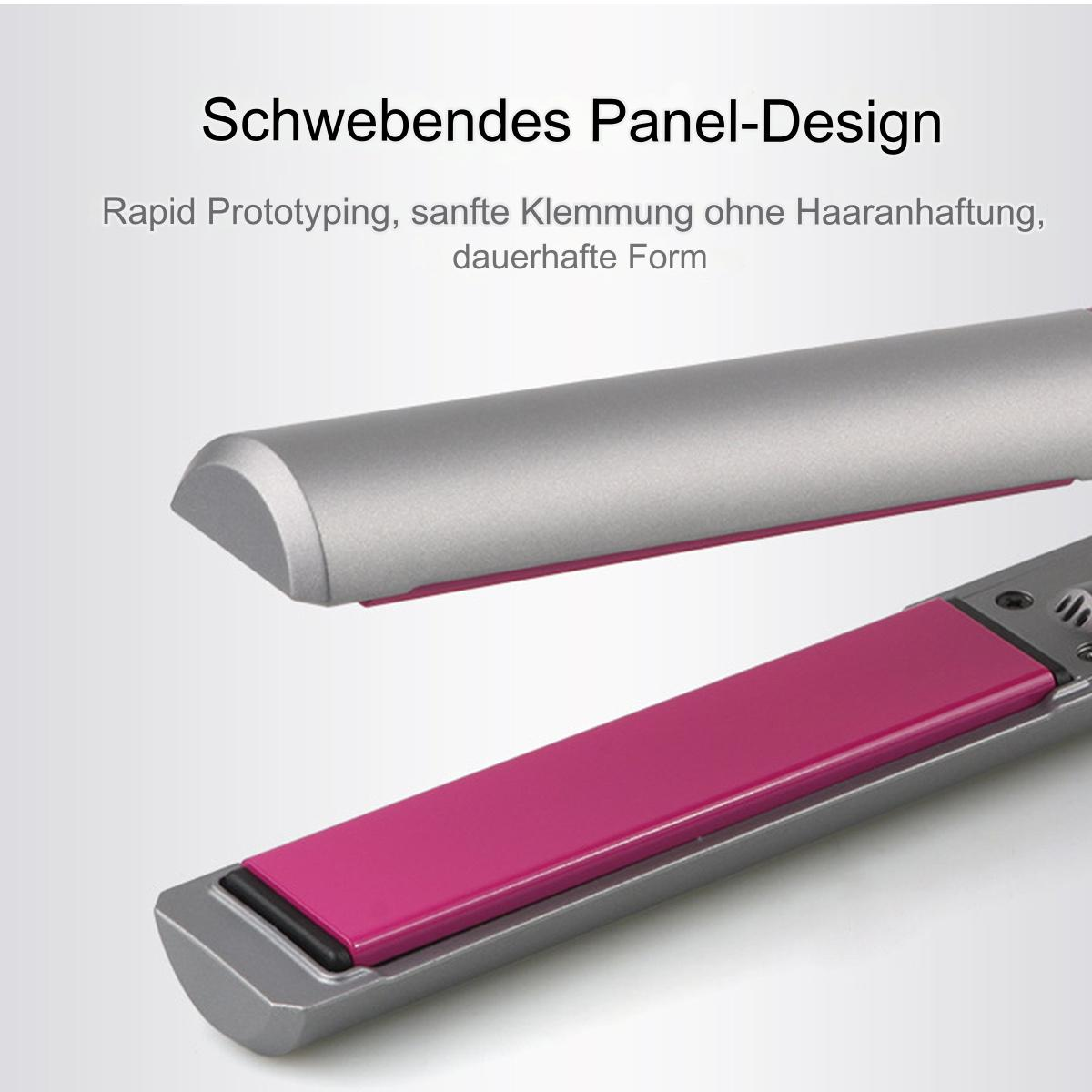 Haarglätter, silber und rosa, zeigt die Heizplatten und die Designdetails des Geräts.