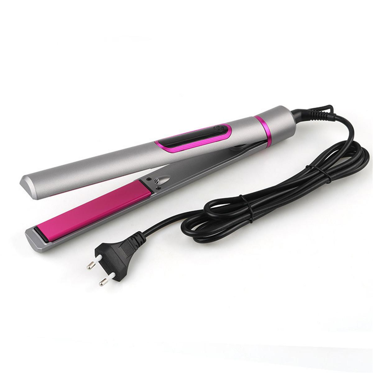 Haarglätter, silber und rosa mit schwarzem Kabel.