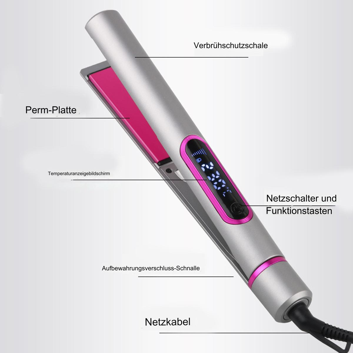 Ein silbernes und pinkfarbenes Glätteisen mit Beschriftungen. Es hat eine digitale Temperaturanzeige und einen Netzschalter.
