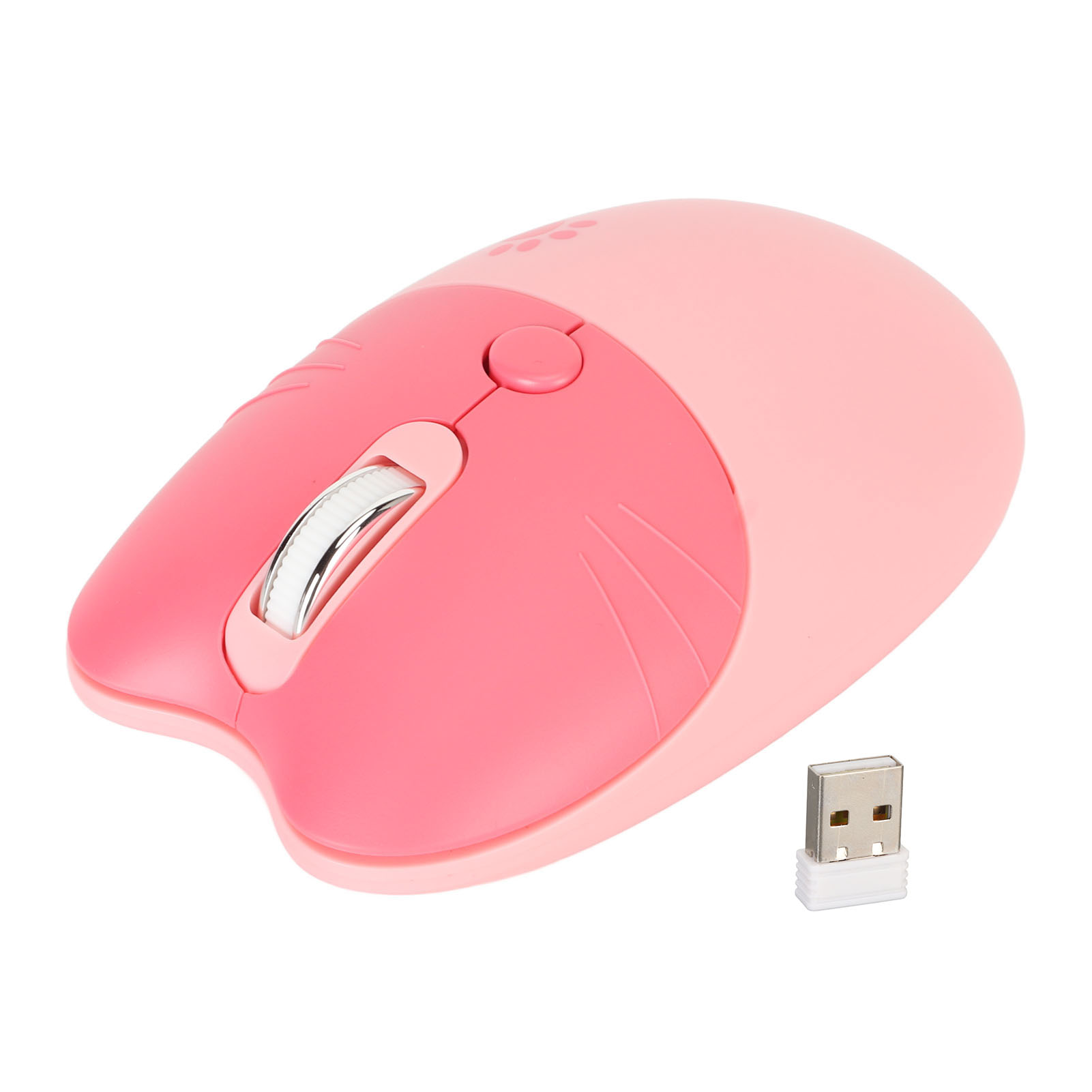 Drahtlose Maus in Rosa und Hellrosa. Sie hat ein Scrollrad und einen USB-Empfänger daneben.