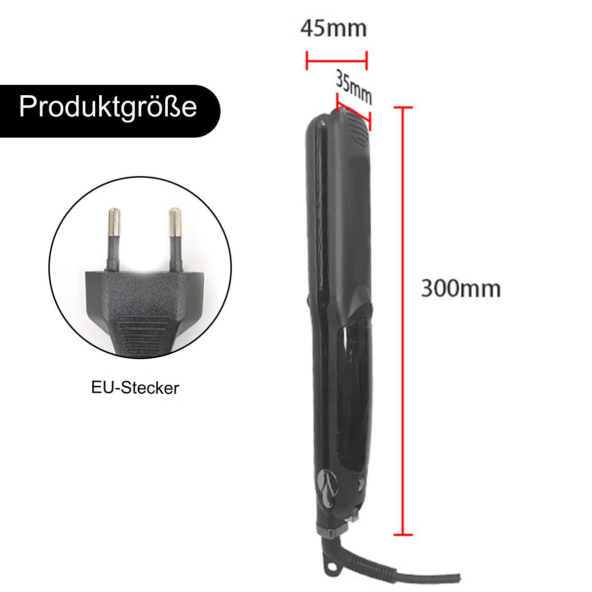 Ein schwarzes Glätteisen mit Maßen, daneben ein EU-Stecker.