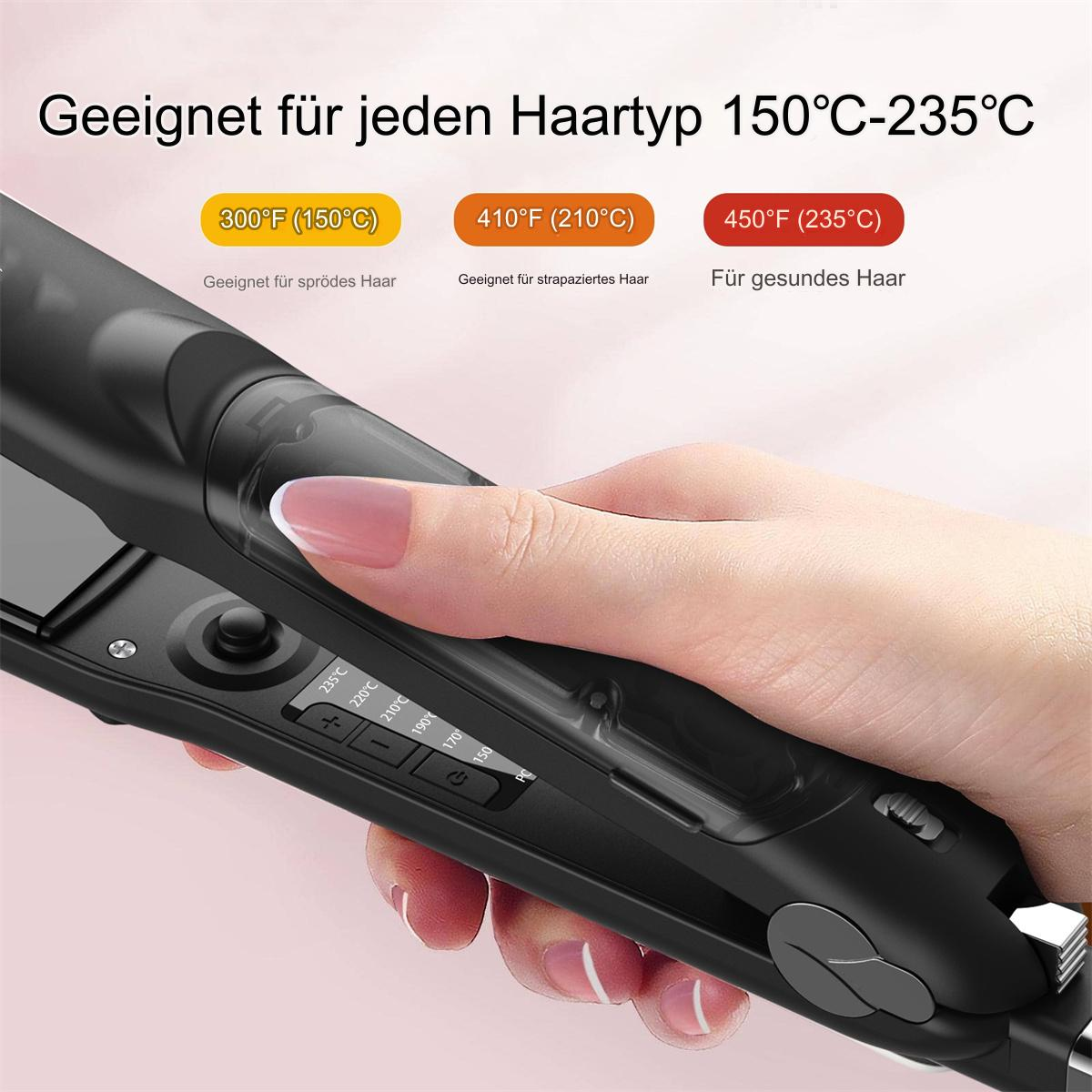 Die Hand einer Frau, die einen schwarzen Haarglätter benutzt. Es zeigt Temperatureinstellungen für verschiedene Haartypen an.