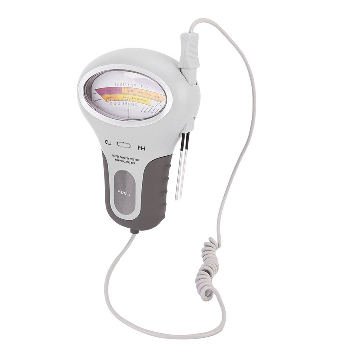 Ein Wasserqualitätsprüfer mit Zifferblatt und Sonde. Misst Chlor- und pH-Werte in Pools und Spas.