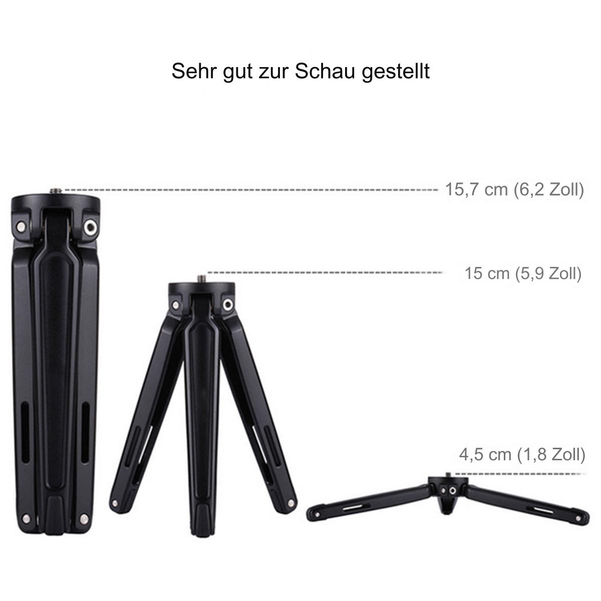 Drei schwarze Stative werden angezeigt. Eines ist zusammengeklappt, eines ist teilweise ausgefahren und eines ist vollständig ausgefahren.