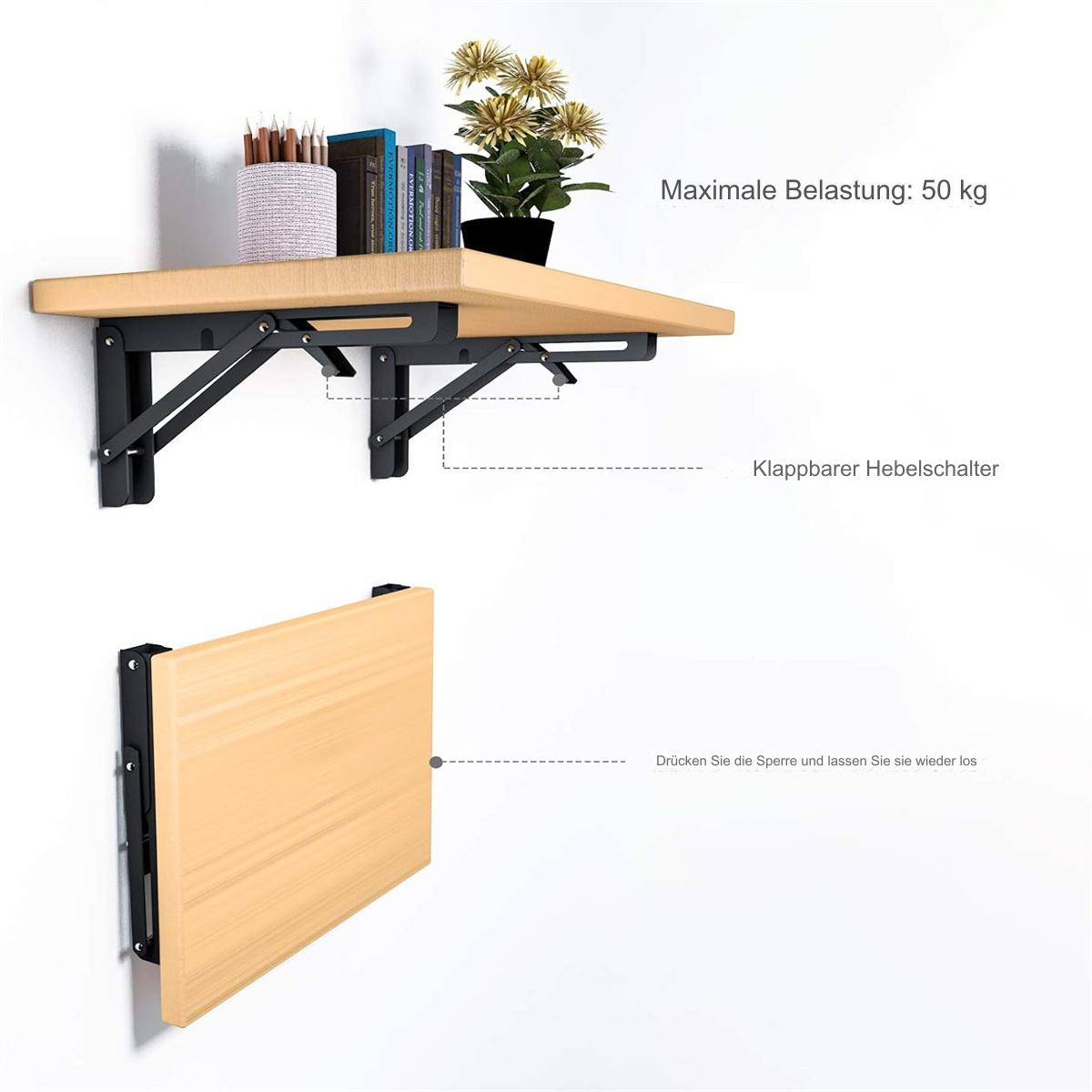 Klappbarer Wandtisch. Zeigt offene und zusammengeklappte Positionen. Helle Holzfarbe.