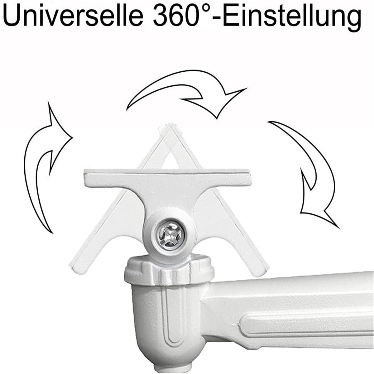 Weißes Kunststoffgerät mit Pfeilen, die eine 360-Grad-Einstellung anzeigen.