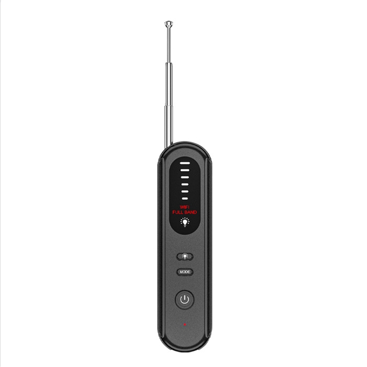 Schwarzes Gerät mit Antenne, Knöpfen und Display mit der Anzeige 'WIFI FULL BAND'.