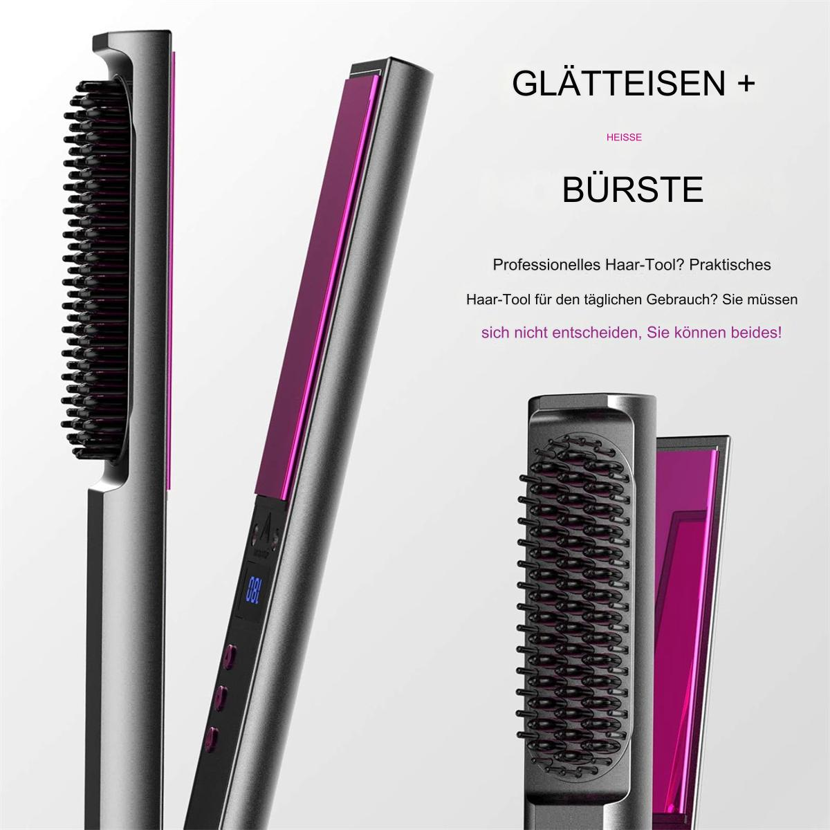 Haarglättungsbürste und -kamm. Es ist ein professionelles Haartool. Das Produkt ist rosa und schwarz.
