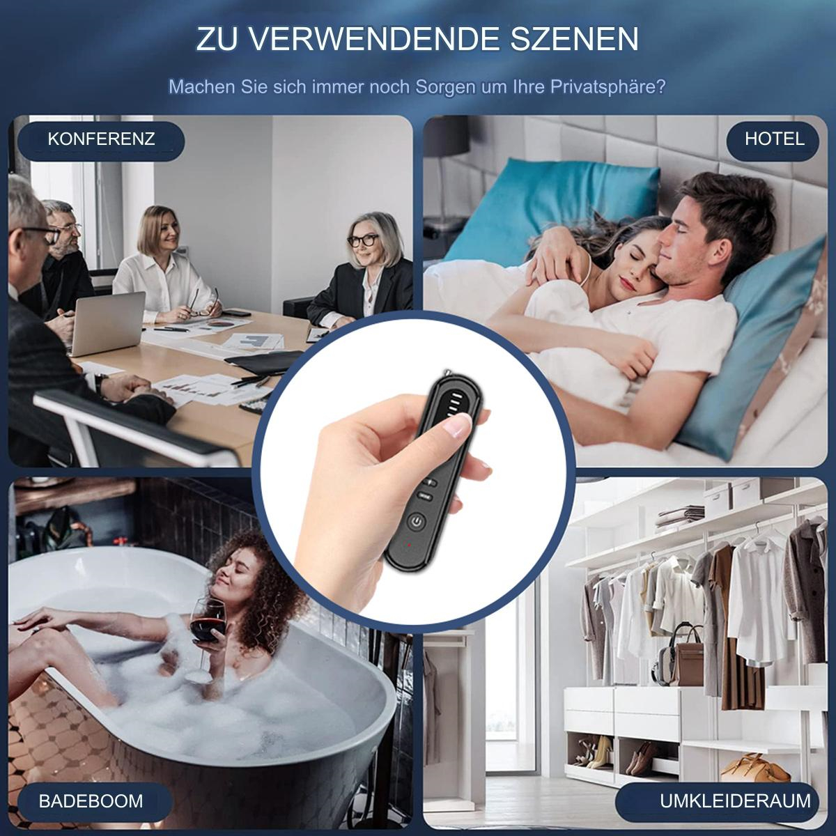 Szenen: Konferenz, Hotel, Frau in der Badewanne und Schrank. Eine Fernbedienung in der Hand.