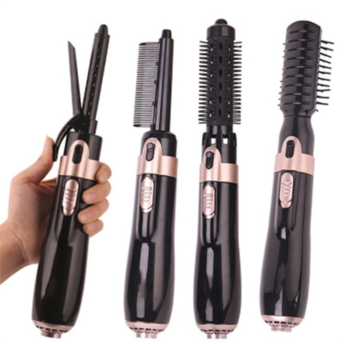 Vier Haarstyling-Werkzeuge verschiedener Typen mit schwarzen Gehäusen und roségoldfarbenen Akzenten, die von einer Hand gehalten werden.