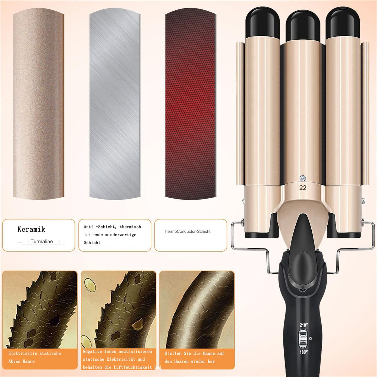 Haarstyling-Werkzeug. 3 Metallplatten und schwarzer Griff. Text zeigt Haare vor und nach der Anwendung.