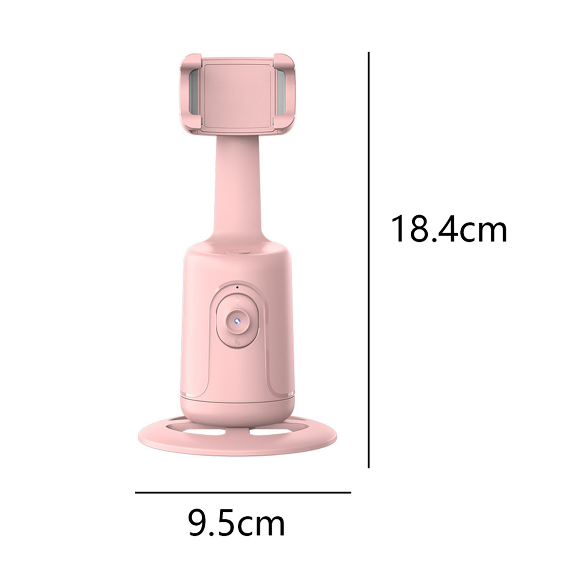 Rosa Telefonhalter mit Maßen. 18,4 cm hoch, 9,5 cm breit. Hat eine Kamerataste und eine kreisförmige Basis.