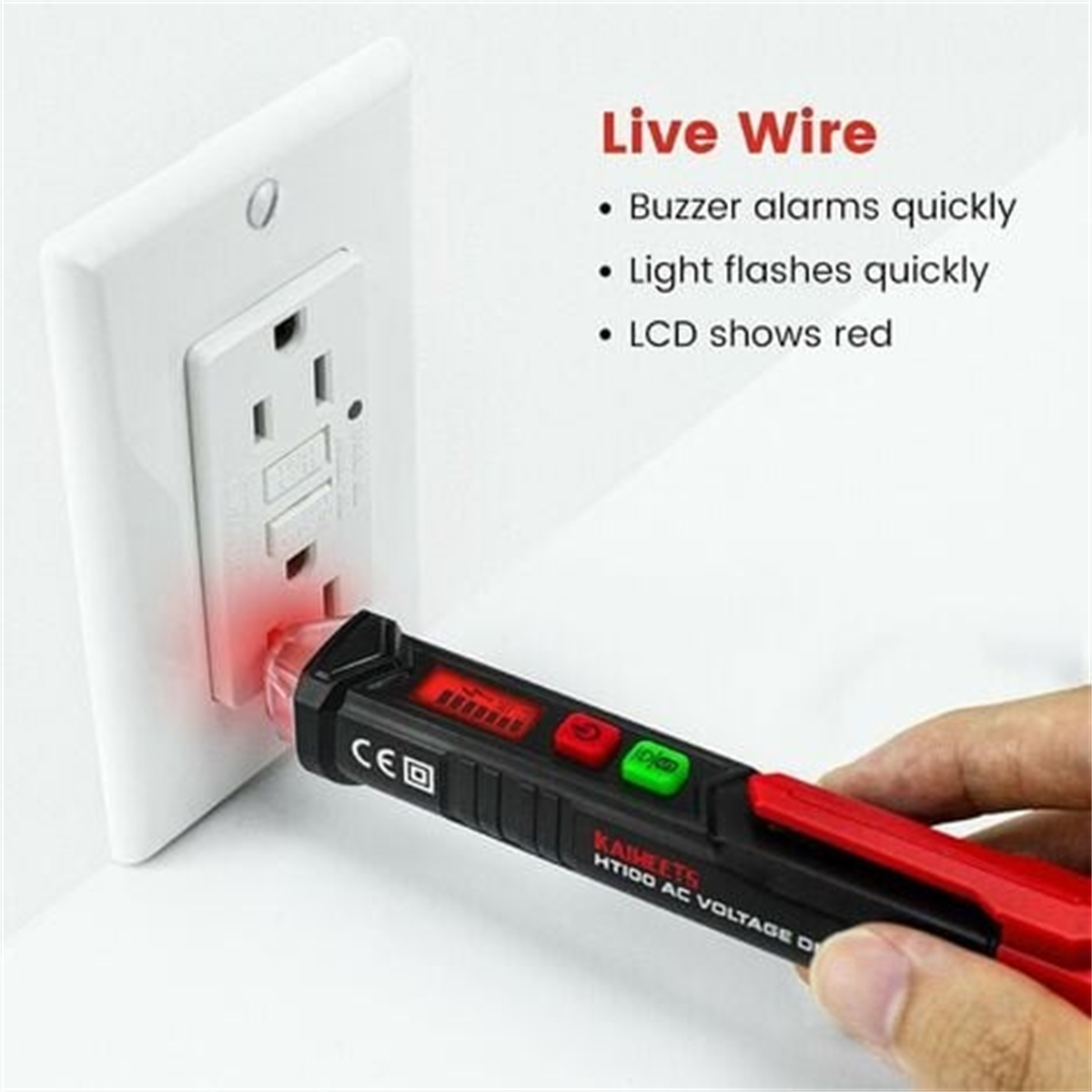 Steckdose mit einem spannungsführenden Drahtprüfer; rotes Licht zeigt Strom an.