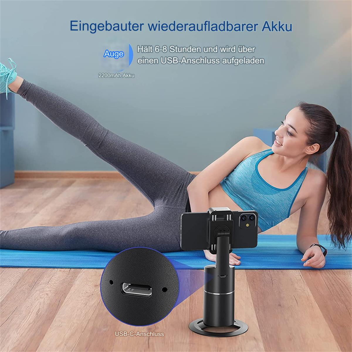 Frau trainiert mit Telefonhalter und Produktdetails auf dem Bildschirm. Text: 2200mAh.