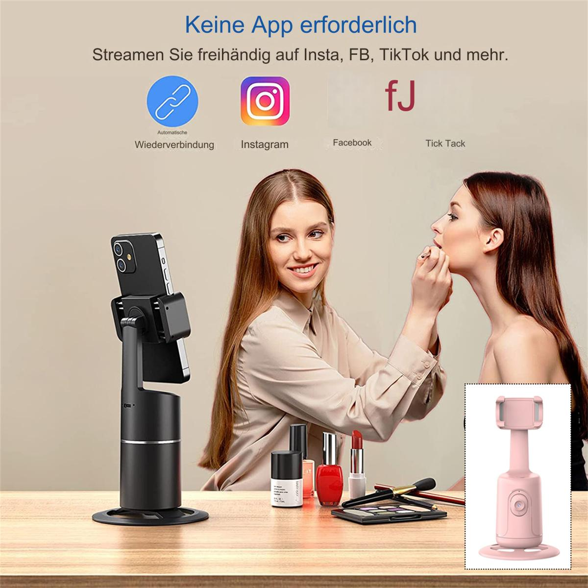 Eine Frau schminkt sich mit einem Telefon auf einem Ständer. Links zu Social Media werden angezeigt.
