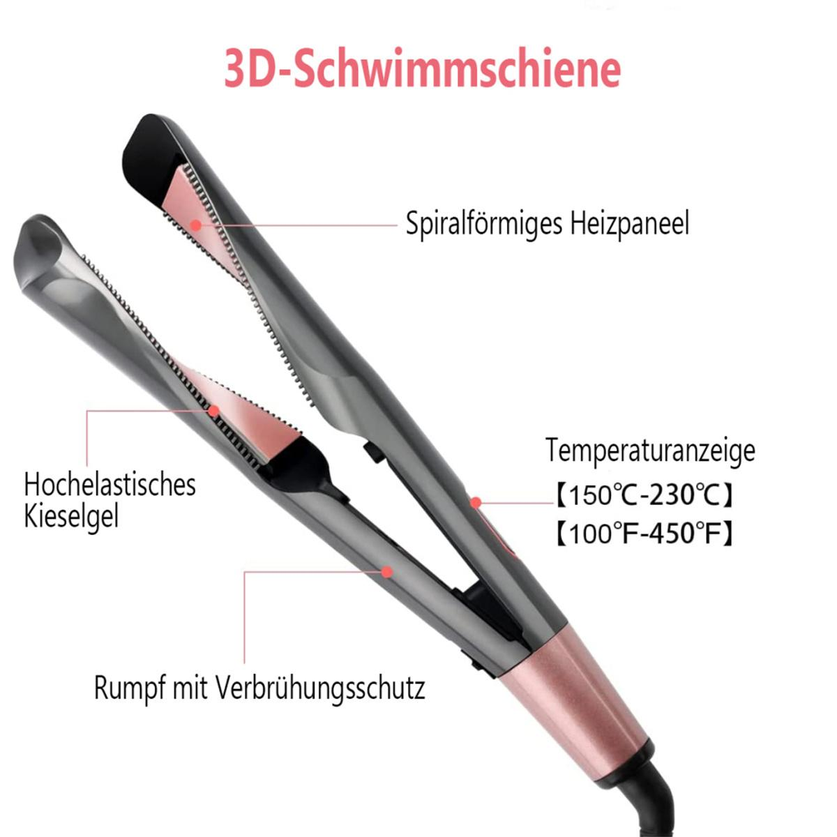 Haarglätter mit rosa Heizplatten, mit deutschen Beschriftungen und Temperaturanzeige.