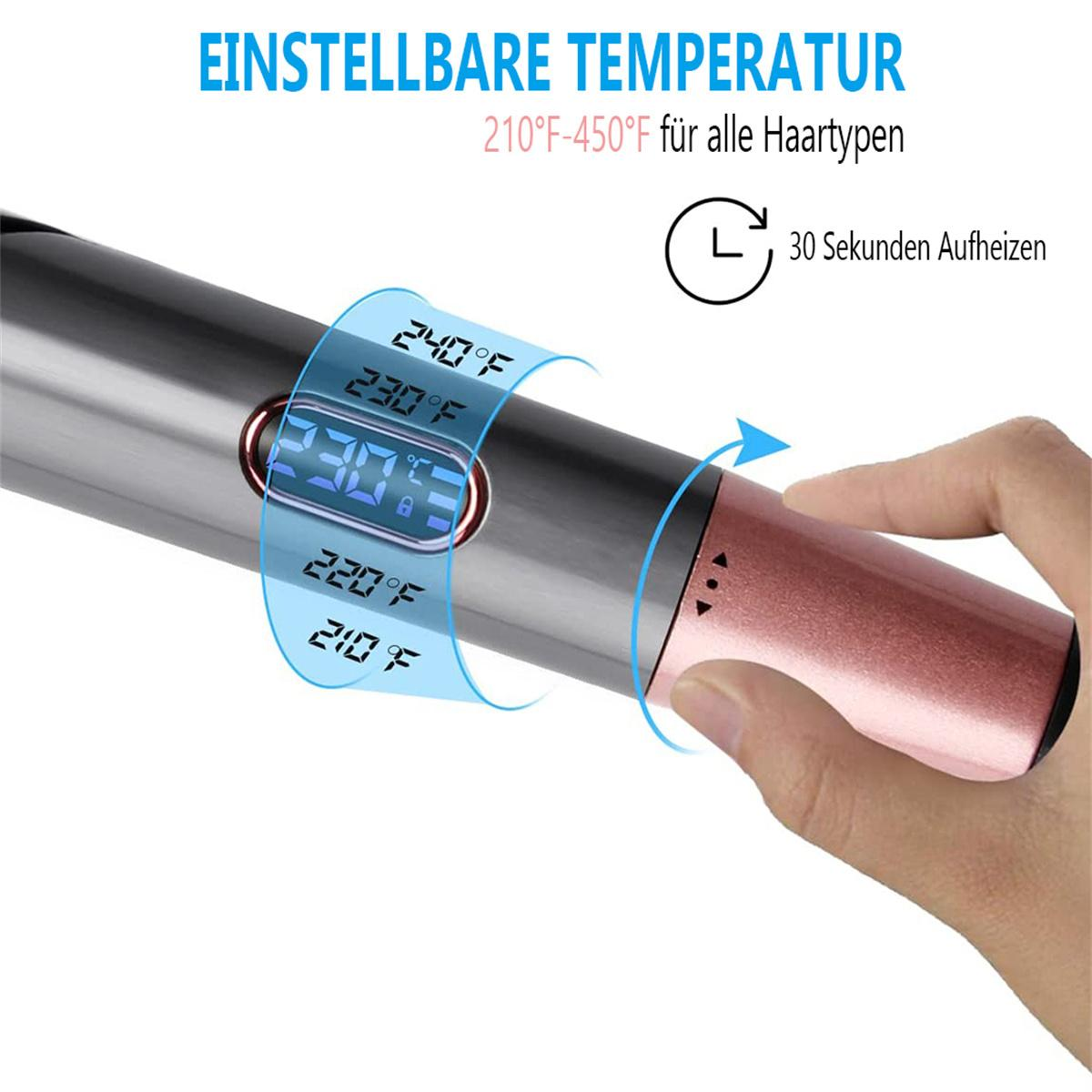 Eine Hand berührt einen Lockenstab mit Temperaturanzeige.
