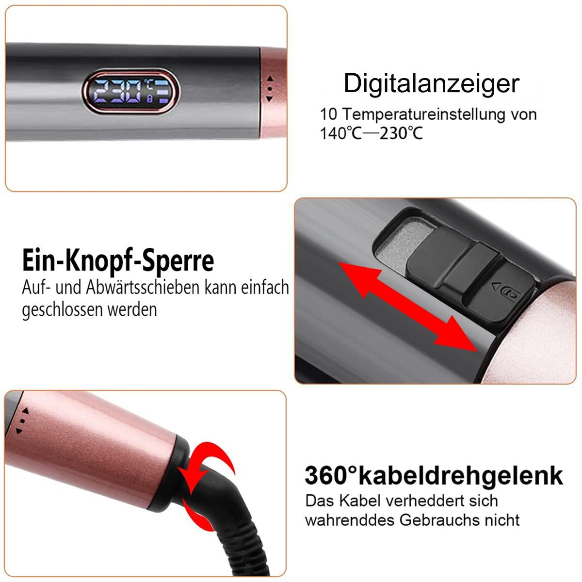 Nahaufnahmedetails eines Lockenstabes mit Digitalanzeige und Knopfbedienung, die Temperatureinstellungen zeigen.